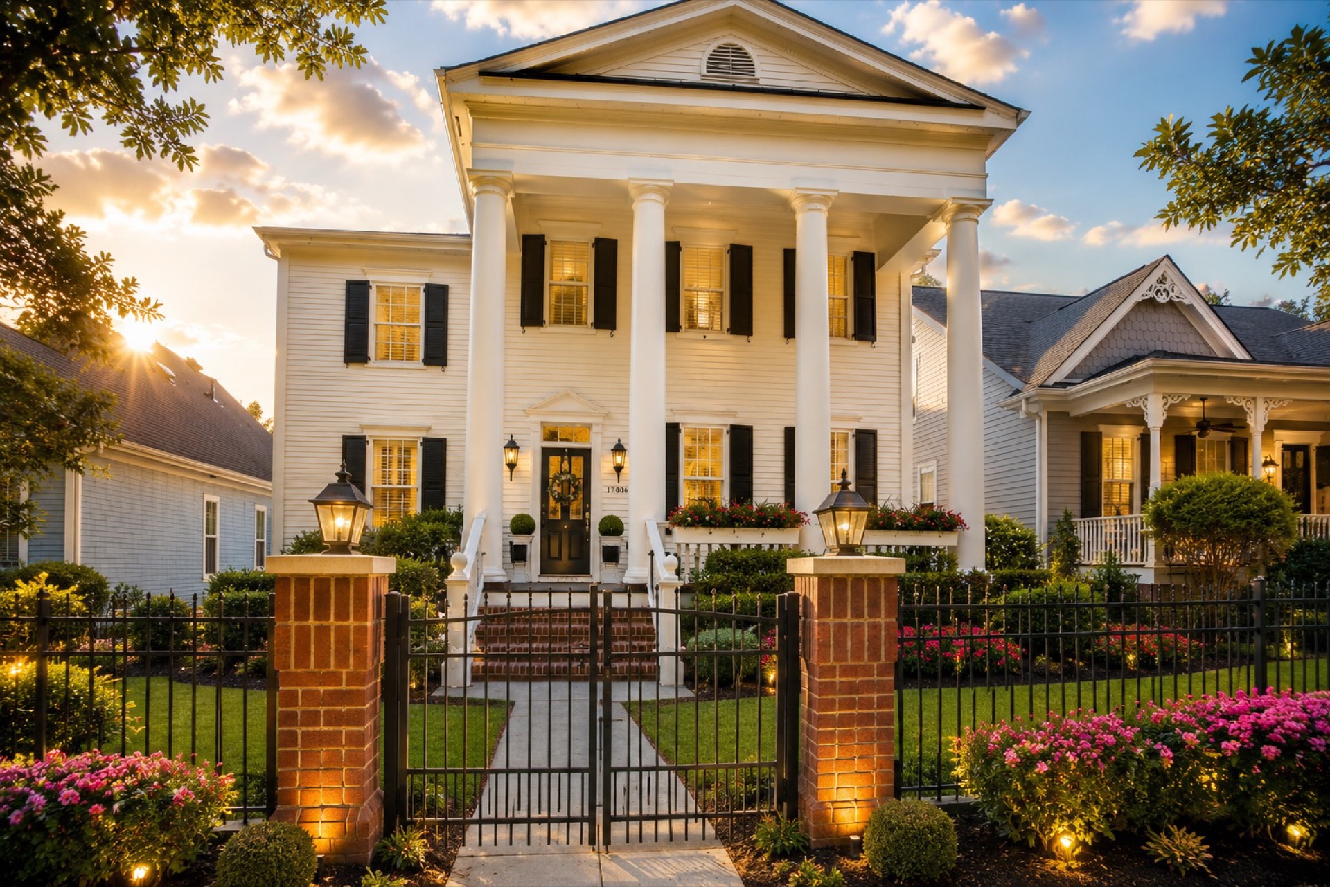 17406 Meadow Bottom Road — a Charleston-style residence at twilight, Ardrey, Ballantyne